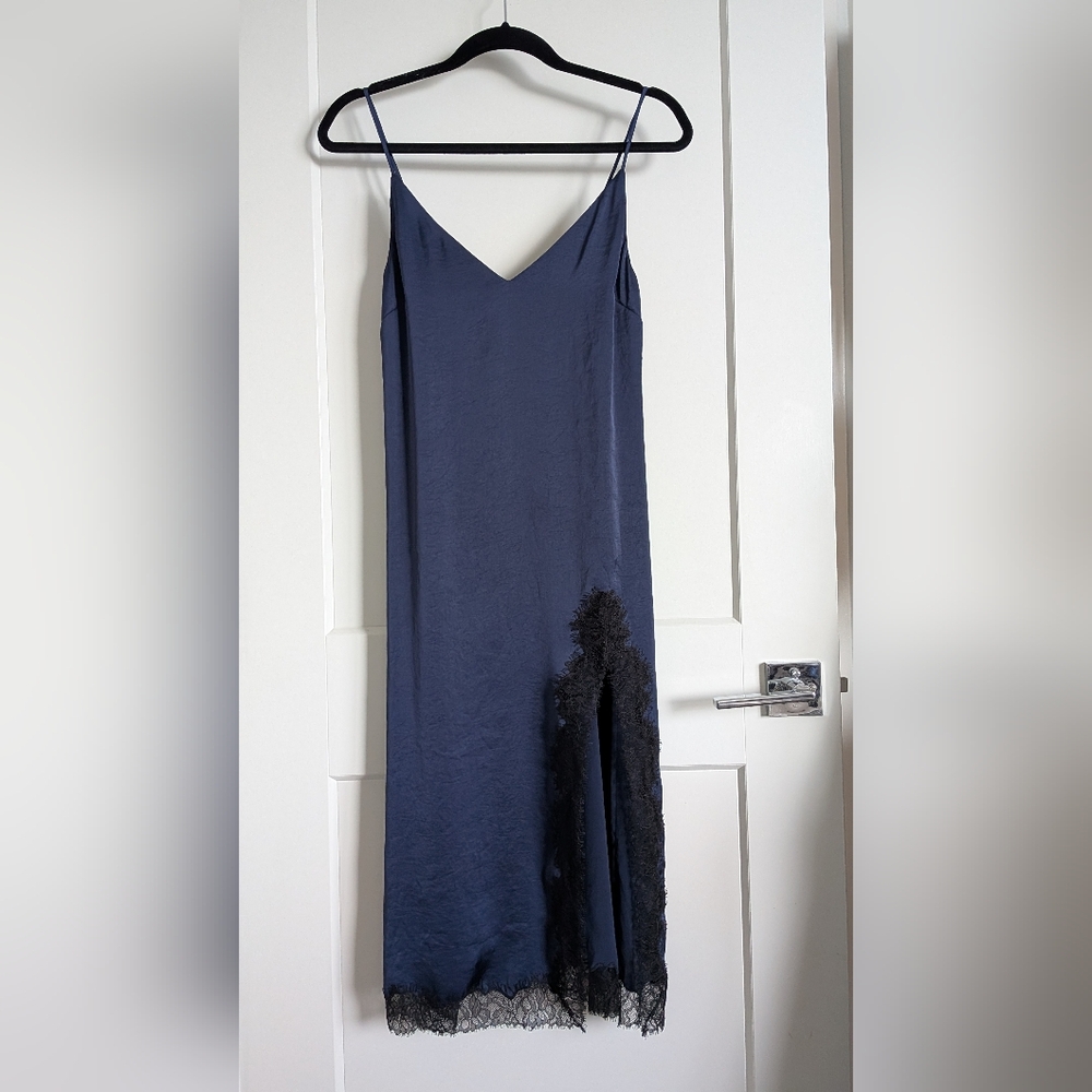 NWOT Wilfred Only Navy Blue Satin Black Lace Slip Dress XXS